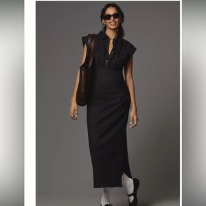 By Anthropologie Cap-Sleeve V-Neck Ruched Slim Midi Dress